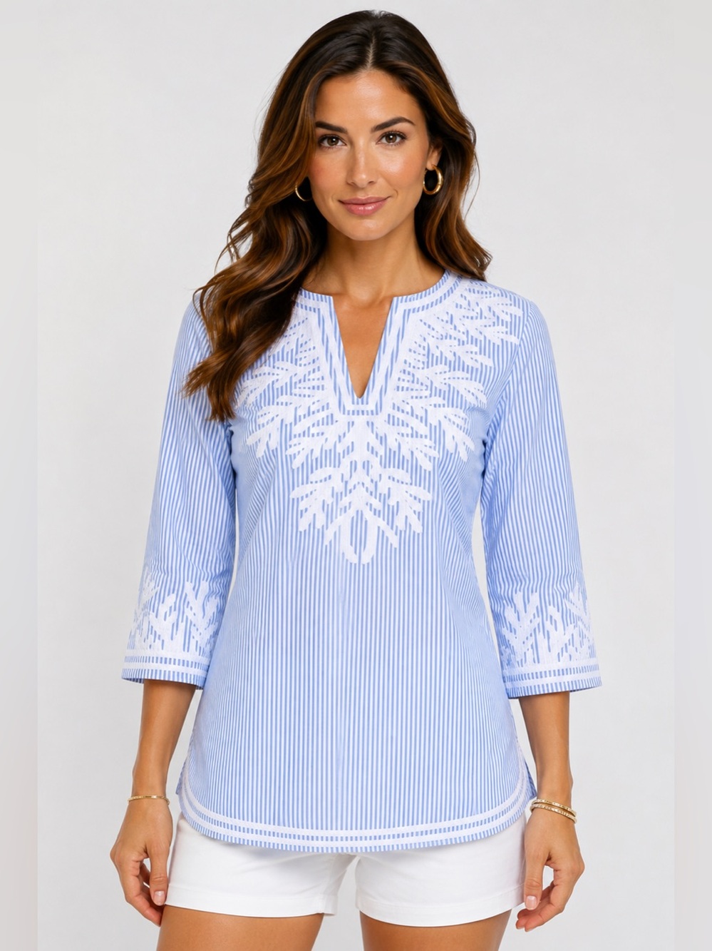 Gretchen Scott Reef Blue White Pinstripe Embroidered Tunic Top S, coastal